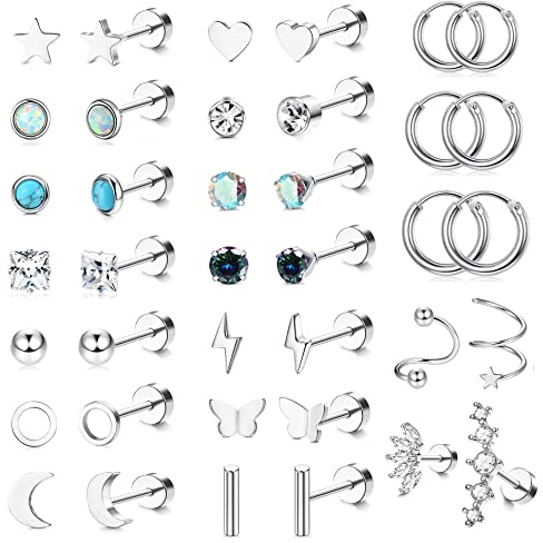 JeweBella 19Paires Petites Boucles d'Oreilles Femme Acier Chirurgical Helix Boucles d'Oreilles Flatback Hypoallergénique Étoile Lune CZ Boucles d'oreilles Créoles Piercing Clou d'Oreille Ensemble