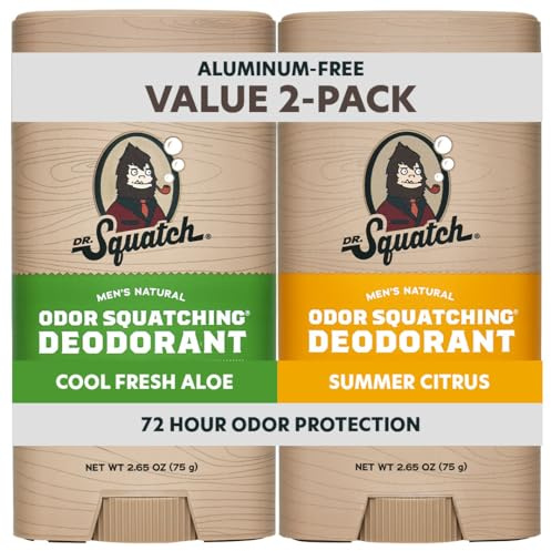 Dr. Squatch Natural Men’s Deodorant – Aluminum Free Natural Deodorant Men with Charcoal & Postbiotics for 72-Hour Odor Protection – Summer Citrus + Cool Fresh Aloe, 2.65oz Stick (2-Pack)