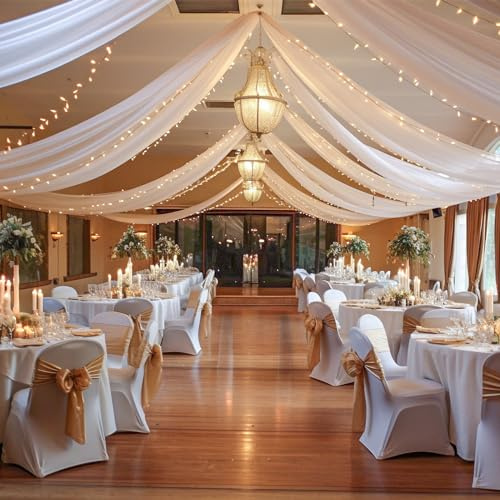 White Ceiling Drapes with Lights String for Weddings, 6 Panels 5ftx10ft Sheer Tulle Backdrop Photo Background Drapes for Wedding Ceremony Birthday Party Arch Decoration