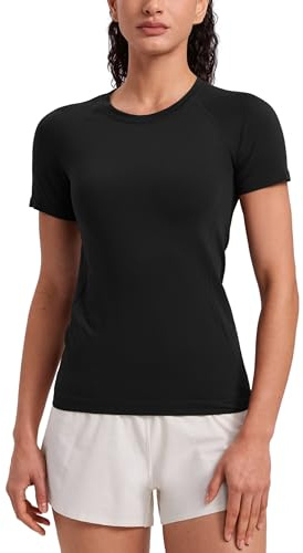 CRZ YOGA Women's Seamless Sports T Shirts Breathable Short Sleeve Top Active Gym Running Fitness T-Shirt Black 8