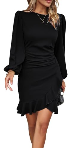 RPAEOY Damen Kleid Elegant Langarm Rüschen Bodycon Puffärmel Kurz Kleider Vintage Formal Dress Bleistiftkleid für Cocktail Abend Büro Sommer Herbst Schwarz L