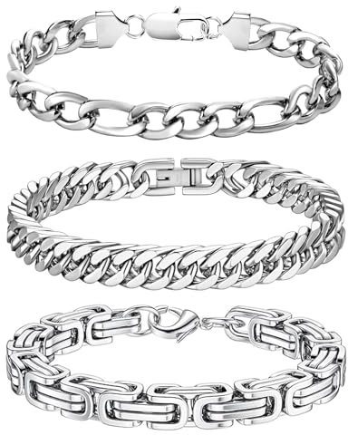 LOCCY Armband Herren, 3 Stück Silber Edelstahl Herrenarmbänder Panzerkette Armband Königskette Armbänder Figaro Kette Gliederarmband für Männer Jungs Papa Sohn Ehemann Freund (Silber-8mm, 23)