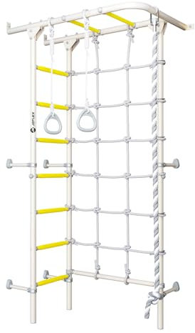 JEFLEX - weiß/gelbe Kinder Sprossenwand mit Kletternetz/Kinder Klettergerüst mit Turnringen & Klettertau/fördert Fitness & Koordination/Simple Wandmontage/inkl. tollem Kletterwand-Zubehör