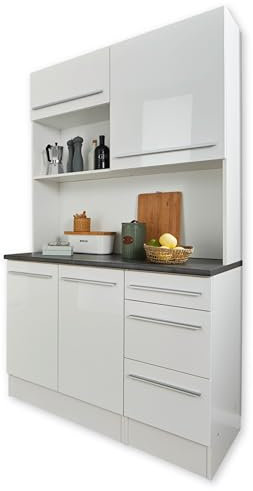 JAZZ Buffetschrank in Weiß Hochglanz, Metallic Grau - Geräumiger Küchenschrank mit Arbeitsplatte - 150 x 211 x 60 cm (B/H/T)