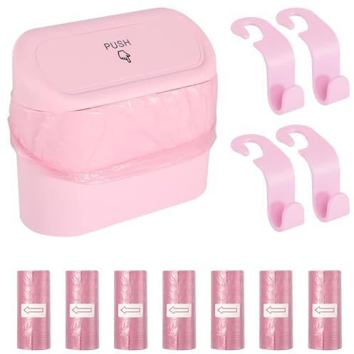 FYSL Automülleimer Mit 105 Müllsäcke und 4 Autositzhaken, Innenraum Mülleimer Mit Deckel, Robust und Sturzsicher, Rosa