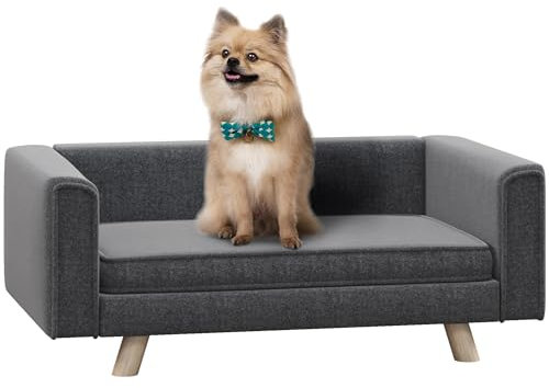 PawHut Hundesofa, Hundebett mit Erhöhtem Design, abnehmbarem und waschbarem Bezug, Haustiersofa mit Holzbeine, für kleine und mittelgroße Hunde, Grau