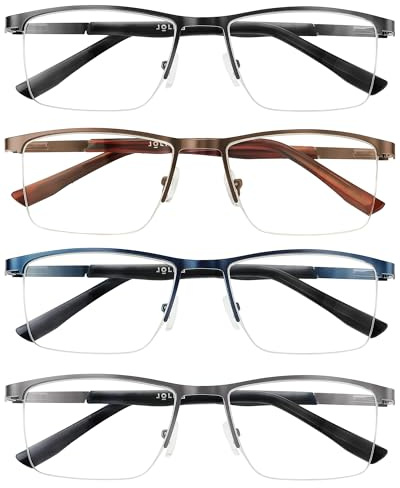 JOLISU 4 Pack de lunettes de lecture pour hommes, lunettes de lecture à charnière à ressort, demi-monture en métal pour ordinateur, bloquant la lumière bleue +2.50