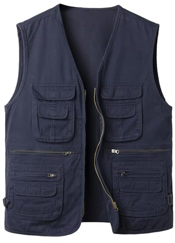 Yukirtiq Fiskeväst för män med flera fickor Gilet bomull resor fotografi Gilet hund träningsväst utomhus safari västar, BLÅ, XXL