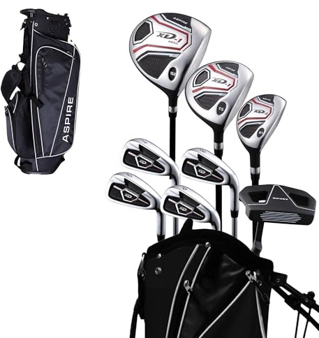 Aspire XD1 Teen Golf Club Set for Ages 13–16 – Complete Youth Golf Set with Driver, Hybrid, 7–PW Irons, Putter, Stand Bag & 3 Headcovers - Graphite/Steel Shafts - Left Hand