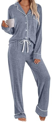 LILLUSORY Women's Long Sleeve Pajama Set - Soft Button-Down Top & Comfortable Drawstring Pants with Pockets Blue M