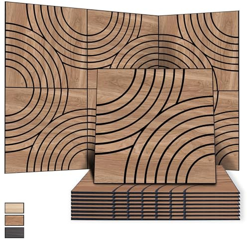WoveN SounD Artisan Acoustic Wall Panels, 24x24 Inch 8 Pack, PVC Wood Grain Veneer Carved Sound Proof Wall Decor, Self-Adhesive for Home, Studio, Office & Focus Zones, Interlaced Arcs, Teak