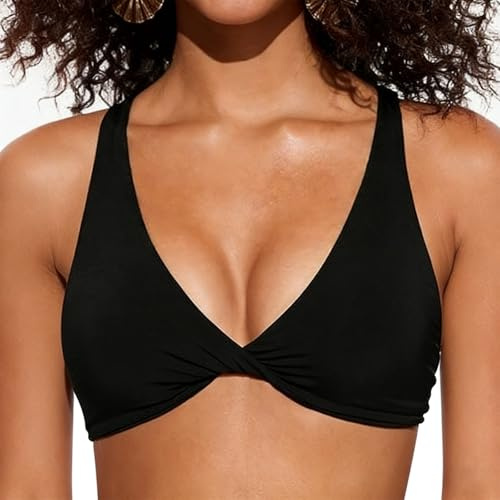 ADUDVLO Triangle Bikini Top – Black Bikini Tops for Women, Twist Front Padded Push Up V Neck Swim Top with Criss Cross Back (UK, Alpha, S, Regular, Regular, Black)
