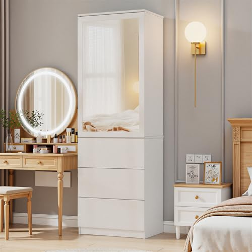 Armadio Camera da Letto con specchio Armadio Contenitore con 3 Ripiani e 3 Cassetti Salvaspazio Armadio Guardaroba Armadio Contenitore per camera da letto, corridoio o studio 40 x 50 x 180CM Bianco