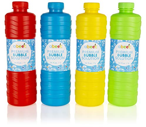 abeec Premium Bubble Solution 4 x 1L with Bubble Wands, Refill Mixture for Bubble Machines, Guns and Wands, Giant Outdoor Bubbles for Kids, Garden Party and Summer Fun, Ages 5+