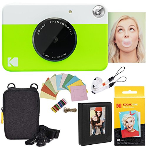 KODAK Printomatic Instant Camera (grön) deluxe paket + ZINK papper (20 ark) + deluxe fodral + fotoalbum + hängande ramar