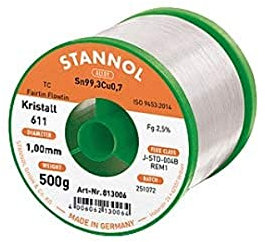 Stannol 813008 Lötdraht Kristall 611 2,5prozent 0,5mm FLOWTIN TSC305 (Sn96,Ag3Cu0,5) Fairtin 100g Spule 0,5mm x 100g
