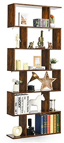 GIANTEX Bücherregal 6 Ebenen, Standregal Büroregal Holz, Aktenregal freistehend, Ausstellungsregal Lagerregal schmal im Industrie Design, Holzregal Allzweckregal in S-Form (braun)