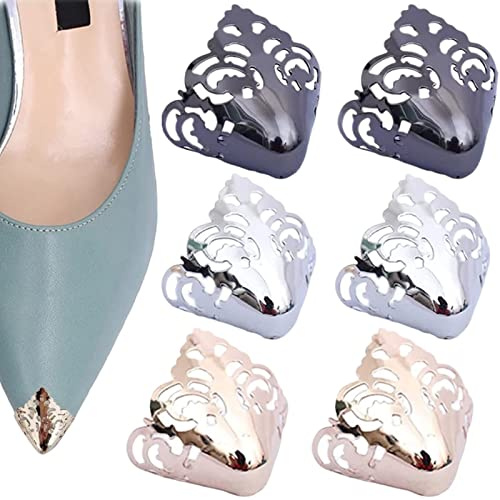 runrayay 3 Pares de Mini Protectores de Metal para Zapatos de Punta, Cubierta de Cabeza de Bomba de Tacón Alto, Decoraciones para Zapatos, Suministros de Reparación, Oro, Plata, Negro