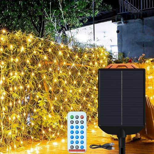 Aufun Rete di Luce Solare a LED 6x2M, timer 8 modalità telecomando lucine impermeabili tenda luminosa per interni ed esterni per la decorazione del giardino di Natale - bianco caldo
