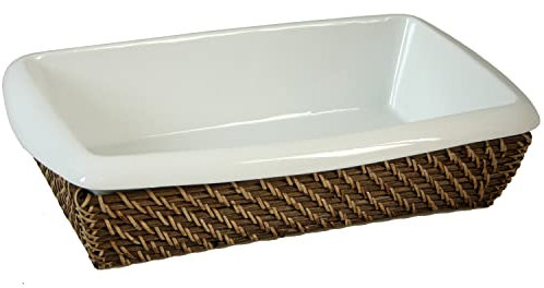 Set de 2 Fuentes de Horno Porcelana con Soporte de Mimbre