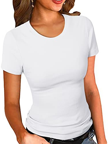 PALINDA Women's Crew Neck Ribbed Fitted Shirt Basic Short Sleeves Summer T Shirt Tops(White M)