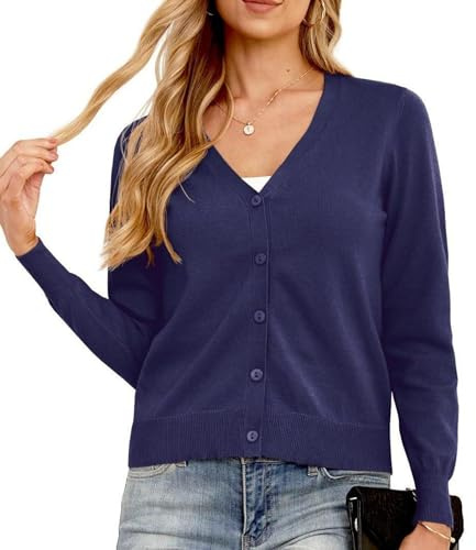 GRECERELLE Women's Lightweight Knit V-Neck Cardigan Jumper Casual Soft Long Sleeve Buttons Down Jumpers Tops for Dress Summer Evening Wedding (Navy Blue, M)