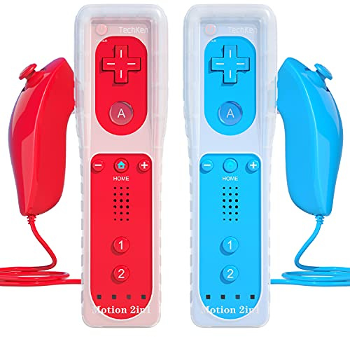 2 Sets Fernbedienung für Wii, Ersatz-Fernbedienung eingebauter Motion Plus Controller und Nunchuck (Rot Blau)