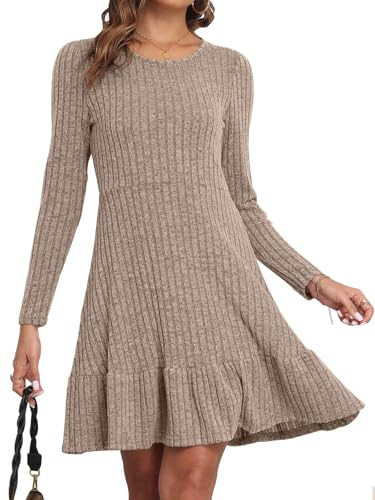 CheChury Women's Jumper Dresses Long Sleeve Dresses for Women UK Ladies A-Line Round Neck Flowy Casual Elegant Tunic Dresses for Autumn Winter,Khaki,M