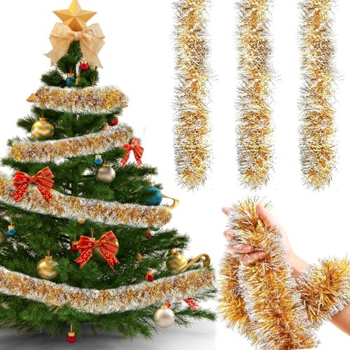Guirlande Tinsel de Noël - 3 Pièces 2m Sapin, Métallique Décorations pour Fête Intérieures et Extérieures