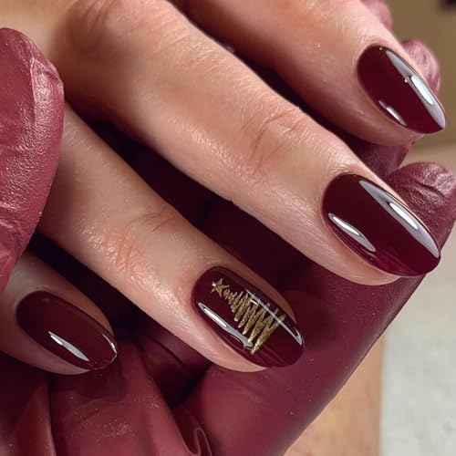 Ceboic Christmas Press on Nails Almond Short, 24PCS Cherry Red French Tip False Nails, Glossy Full Cover Glue on Nails Reusable Acrylic Fake Nail, Winter Xmas Tree Stick on Nail for Women Girls