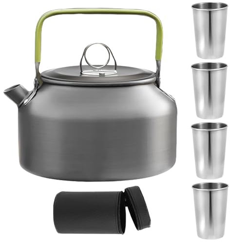 GOMETY Bouilloire de camping pour 2 à 3 personnes, théière de 0,8 l avec 4 gobelets en acier inoxydable, facile à plier, durable, en aluminium, avec sac de transport