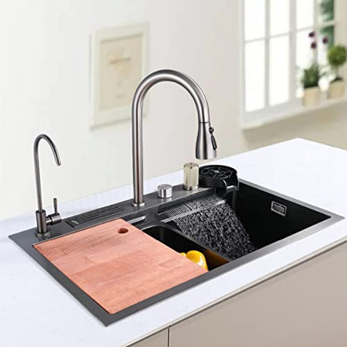 Lavello a Cascata, lavello da Cucina, lavello da Cucina con doccetta Estraibile, Grande lavello da Cucina a Una Vasca con Scarico, sifone, risciacquo per Bicchieri, scolapiatti (75 * 46 cm)
