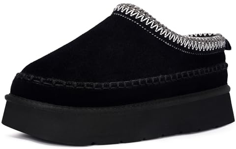 Mujer Pantuflas De Ante Cuero Genuino Invierno Cálido Forro De Fieltro Zapatillas Casa Suela Gruesa Impermeable Antideslizante Slippers,Negro,40 EU