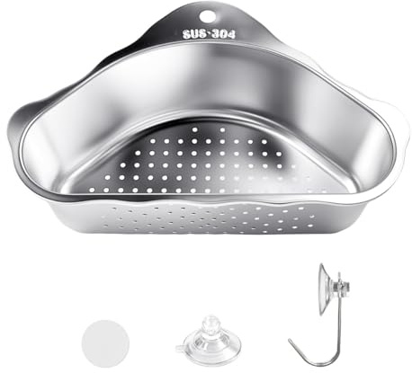 FuxFuis Scolapasta da Lavello in Acciaio Inox 304, Mensola Triangolare Portaoggetti Scolapiatti con Ventosa, Cestello Filtro per Lavandino, Cestello Scarico per Lavello da Appendere per Cucina Bagno