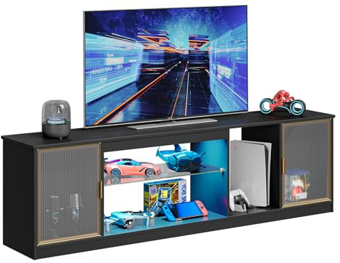 Bestier Mueble de TV Moderno para TV de 75/80 Pulgadas,Centro de Entretenimiento LED con Puertas de acrílico y Estante de Vidrio Ajustable,Consola Multimedia de 70 Pulgadas,Fibra de Carbono Negra