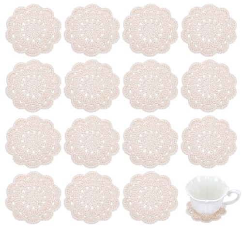 FINGERINSPIRE 12 Pz Piccoli Sottobicchieri in Pizzo All'Uncinetto da 100mm in Poliestere Fatti a Mano Centrini Floreali Tovagliette in Tessuto Sottobicchieri Fai da Te a Forma di Fiore per la Tavola