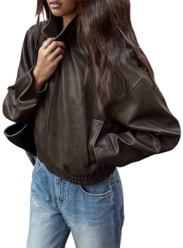 ORANDESIGNE Femme Veste Cuir Automne Blouson Veste Simili Cuir de Moto Fermeture Éclair Oversize Manteau Streetwear C Marron XL
