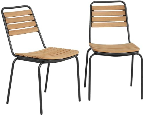 Outsunny Lot de 2 Chaises de Jardin Empilables, Assise et Dossier en Bois Massif à Lattes, Structure en Acier, Chaises d'Extérieur pour Terrasse Balcon Bistro, 61x47x81cm, Naturel