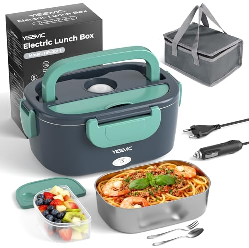 YISSVIC Scaldavivande Elettrico Portatile 1.5L 60W 12V/24V/220V | Porta Pranzo, Acciaio Inox, Forchetta, Cucchiaio Inclusi, con Borsa per il Trasporto, per Auto, Camion e Ufficio