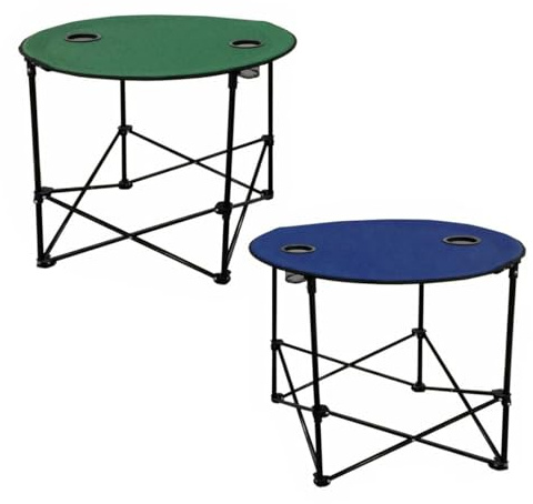 EMPOTEC Tavolino Tavolo Rotondo Pieghevole Salvaspazio da Campeggio Esterno Giardino 2 Portalattine Completo di Sacca Trasporto Dimensione h70xØ60cm Struttura Colori Assortiti Verde/Blu (1PZ)