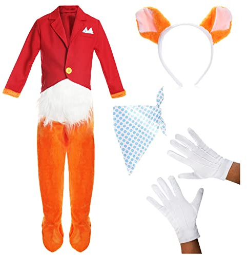 Mr Fox-dräkt för barn – XLarge – fantastisk rävdräkt för världsbok/bokvecka – kappa med bifogad rävsvans + kravatt + rävförkläde med skjorta fram + handskar + rävöron