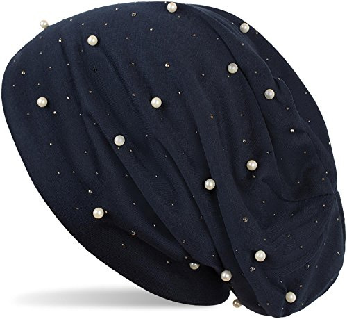 styleBREAKER Damen Long-Beanie Glitzer-Nieten, Dunkelblau