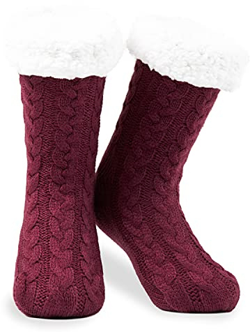CityComfort Chaussettes Femme Hiver, Chaussons Chaussettes Fourrés En Polaire, Chaussette Fantaisie Chaude En Pilou, Idée Cadeau Femme (Bordeaux)
