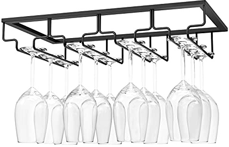 Nuovoware Porte-Verres à Pied Suspendu, Porte-Verre à Vin Suspendu Support de Verre à Vin avec 4 Rails pour Dessous d'Étagère, Armoire de Verre, Tenture en Chrome, Barre de Cuisine - Noir