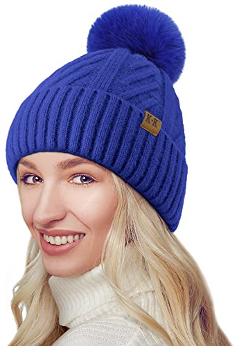 BLURBE Bobble Hat Women - Fleece Lined Beanie Thermal Knitted Wooly Winter Ladies Cable Hats with Faux Fur Pom Pom