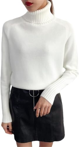 Suéter de Punto de Cachemira de Las Mujeres Otoño Invierno de Cuello Alto de Manga Larga Jersey de Jersey Femenino, Blanco, XL