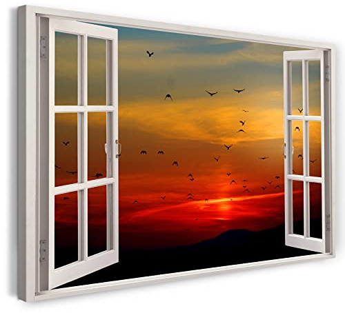 Print on Canvas (120x80 cm) view from the window - sunset birds nature south - nature photography, real wood frame with hook