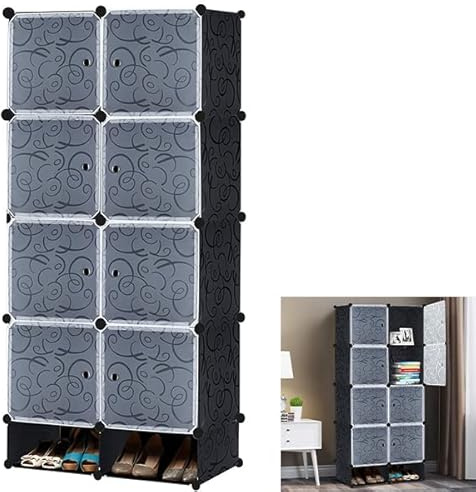 YUENFONG Sistema de estanterías para armario de 8 cubos de material PP, armario con puertas, zapatero, sistema de estantería portátil, para libros, ropa, juguetes (negro)