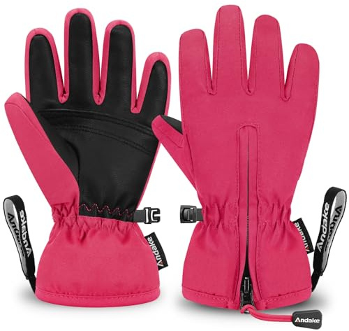 Andake Kids Ski Gloves Waterproof Winter Snow Glove | Warm Easy-to-Wear with Zippers Gloves for Ages 2-14 Children Unisex Boys and Girls