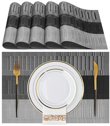Lumaca Set de Table Lavable, Lot de 6 Sets de Table,70% PVC et 30% Polyester, Nettoyage Facile, Antidérapant, Résistant à la Chaleur, pour Table de Cuisine,Gris Foncé